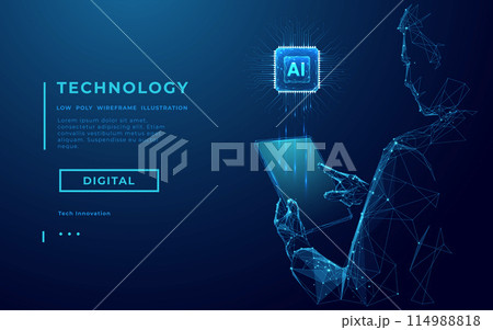Abstract wireframe man holding tablet with AI chip hologram. Abstract wireframe man holding tablet with AI chip hologram. 114988818
