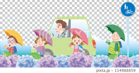 交通安全<雨天汽車和小學生上下學的圖片/交通圖> 114988859