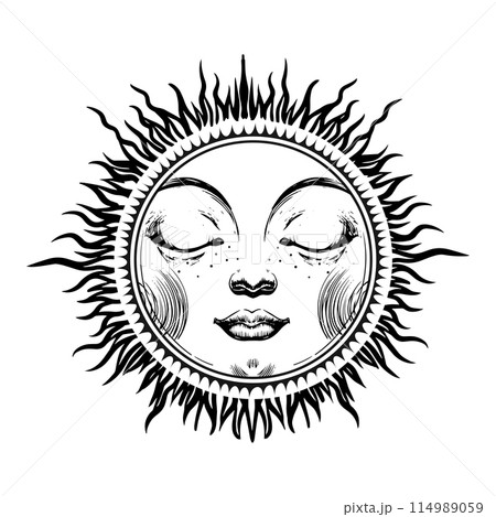 Mystical sun or moon with closed eyes, celestial astrology logo, Boho zodiac icon, Tarot. Magic vector outline hand drawn tattoo isolated on white background. 114989059