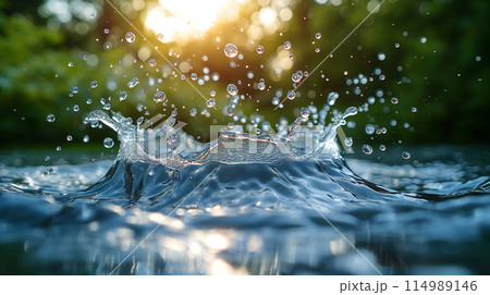 太陽の光と水滴の美しい瞬間のスプラッシュのイラスト素材 [114989146 