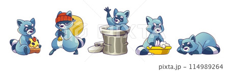 Funny racoon characters set isolated on white Funny racoon characters set isolated on white 114989264