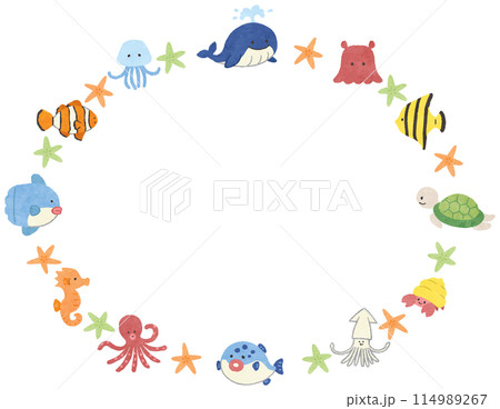 かわいい海の生き物・魚の手描きフレームイラスト 114989267