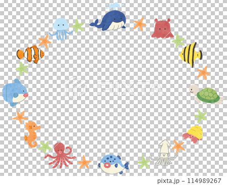 可愛的海洋生物/魚的手繪框架插圖 114989267