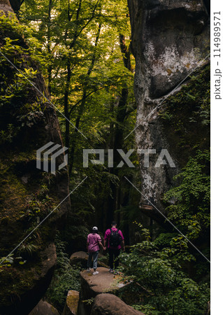 couple tourists hiking at canyon in the forest couple tourists hiking at canyon in the forest 114989571