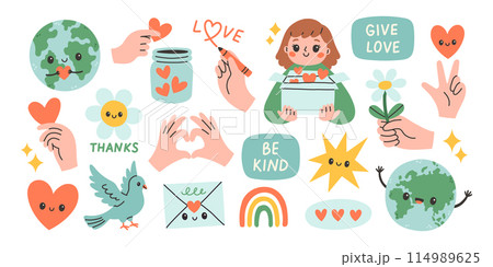 Cute set of stickers with kindness and love. Includes phrases and illustrations. Love, Gratitude, Peace concept. Cute set of stickers with kindness and love. Includes phrases and illustrations. Love, Gratitude, Peace concept. 114989625