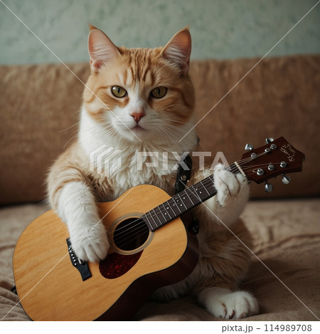 ソファーに座ってアコースティックギターを弾いている猫 ソファーに座ってアコースティックギターを弾いている猫 114989708