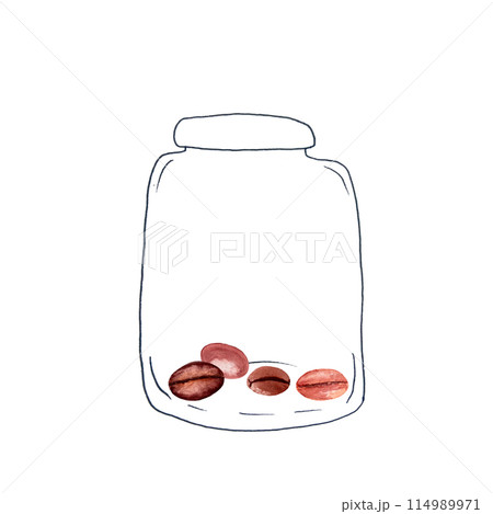 Black coffee beans in a jar illustration in watercolor isolated on white background, hand drawn for food design. Great for spice containers, restaurant and cafe menu, natural organic food ads, labels Black coffee beans in a jar illustration in watercolor isolated on white background, hand drawn for food design. Great for spice containers, restaurant and cafe menu, natural organic food ads, labels 114989971