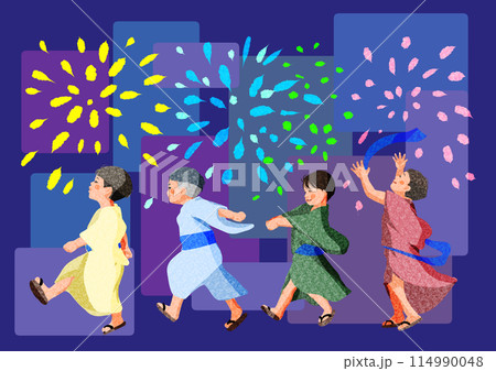 浴衣でお祭りに行く子供達 浴衣でお祭りに行く子供達 114990048
