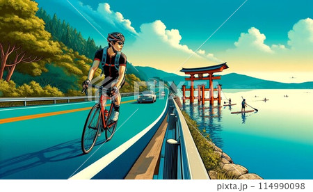 琵琶湖の美しい湖と白髭神社に見入るサイクリスト 114990098