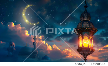 A 3D illustration shows a glowing lantern with a mosque and crescent moon in the background. Ramadan Kareem, Mawlid, Iftar, Eid al-Fitr, Eid al-Adha, and Muharram. Generative AI. 114990363