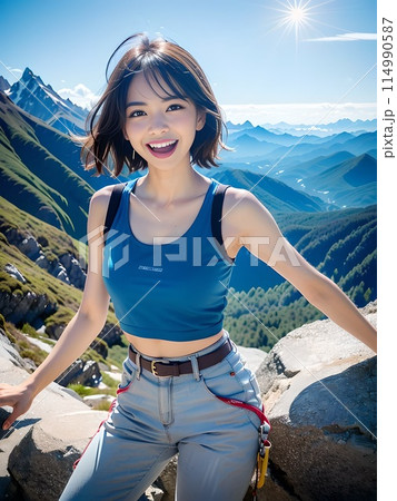 クライミング中の女性が岩場を乗り越えて口を開けて喜ぶ 114990587