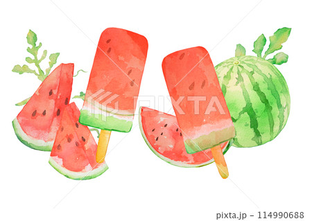 水彩で描いたスイカのアイスキャンディーイラスト 114990688