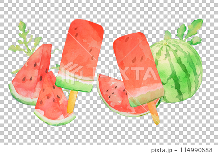 水彩で描いたスイカのアイスキャンディーイラスト 114990688