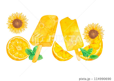 水彩で描いたオレンジのアイスキャンディーイラスト 114990690