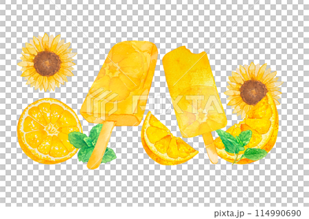 水彩で描いたオレンジのアイスキャンディーイラスト 114990690