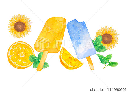 水彩で描いたオレンジとソーダのアイスキャンディーイラスト 水彩で描いたオレンジとソーダのアイスキャンディーイラスト 114990691