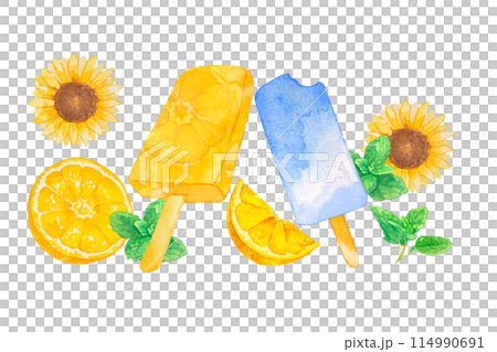 水彩で描いたオレンジとソーダのアイスキャンディーイラスト 水彩で描いたオレンジとソーダのアイスキャンディーイラスト 114990691