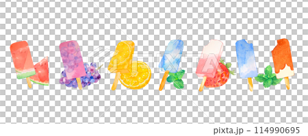 水彩で描いたアイスキャンデイーのイラストセット 114990695