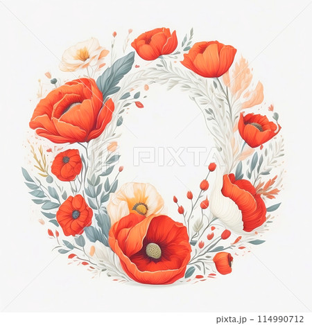 Wildflower Wreath in a Watercolor Style with Red Summer Flower and Green Leaf on White Background. Vintage Aquarelle Poppy Flower for Invitation, Frame or Cover. AI Generated Illustration. Wildflower Wreath in a Watercolor Style with Red Summer Flower and Green Leaf on White Background. Vintage Aquarelle Poppy Flower for Invitation, Frame or Cover. AI Generated Illustration. 114990712