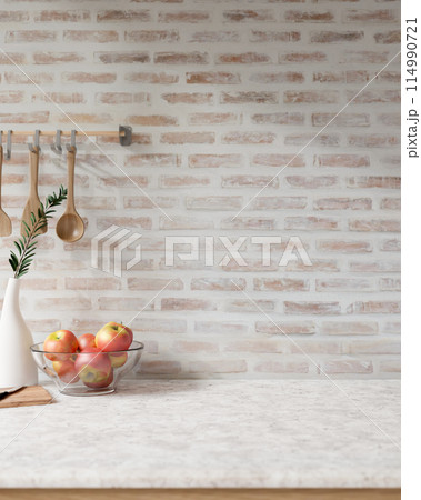 A showcasing space on a white marble tabletop against the brick wall in a Scandinavian kitchen. 114990721