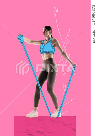 Poster. Contemporary art collage. Drawing artwork. Young athletic woman doing exercises with painted resistance band dressed sketched top 114990872