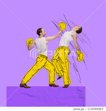 Poster. Contemporary art collage. Drawing artwork. Fight between two sportsman, dressed sketched sports attire who boxing. 114990903