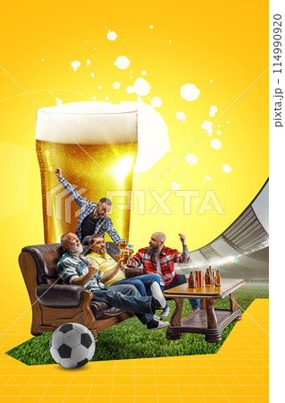 Group of diverse male friends enjoying soccer game against bright yellow background. Men sitting on sofa, drinking beer and emotionally watching match Group of diverse male friends enjoying soccer game against bright yellow background. Men sitting on sofa, drinking beer and emotionally watching match 114990920