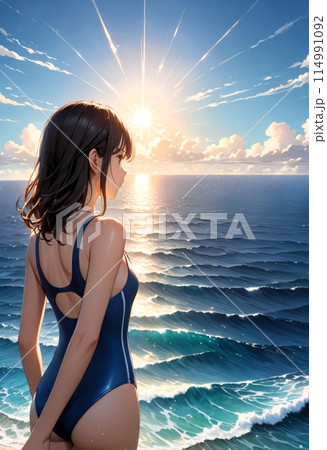 海で夕陽を眺めるスクール水着少女の後ろ姿のイラスト素材 [114991092