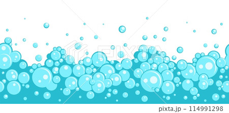 Blue bath foam seamless border. Soap bubbles frame, effervescent suds, fizz shower, water detergent effect, hygiene product advertising, horizontal banner backdrop, nowaday vector background 114991298