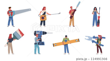 Cartoon tiny craftsmen characters. Repairman in work clothes, men and women with large professional construction tools, drill screwdriver and saw in hands, nowaday vector isolated set Cartoon tiny craftsmen characters. Repairman in work clothes, men and women with large professional construction tools, drill screwdriver and saw in hands, nowaday vector isolated set 114991308