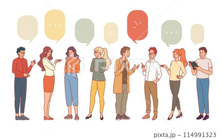 Group of communicating friends. Talking people, men and women discussing topic, dialogue speech bubbles, conversation symbols, meeting and debate, cartoon flat isolated illustration, vector set 114991323