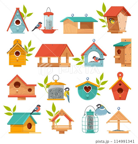 Wooden bird feeders and houses. Cute homemade nests, different designs, bullfinches and tits winter support, places for seeds, cartoon flat style isolated illustration vector birdhouse set Wooden bird feeders and houses. Cute homemade nests, different designs, bullfinches and tits winter support, places for seeds, cartoon flat style isolated illustration vector birdhouse set 114991341