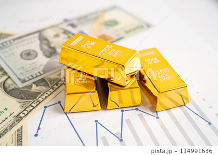 Gold bar on graph with EU banknote, economy finance exchange trade investment. 114991636