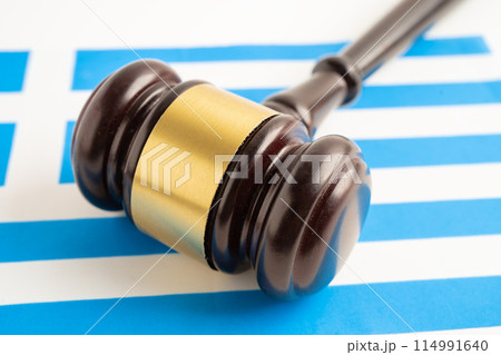 Greece flag with judge hammer, Law and justice court. Greece flag with judge hammer, Law and justice court. 114991640
