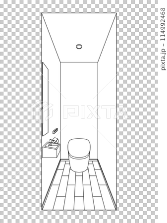 タンクレストイレのインテリアパース　フローリング床　白黒 114992468