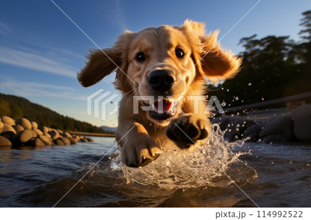 excited labrador retriever running and splashing happily in puddles on a day 114992522