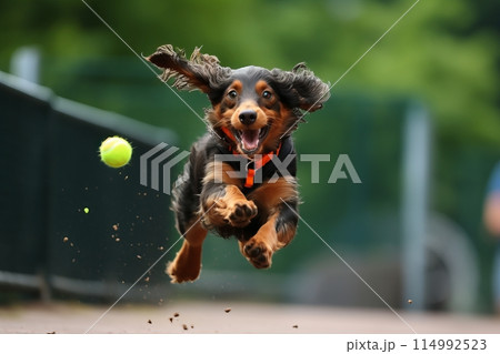 Playful pooch engages in ball games under the sun, creating amusing moments in the outdoors 114992523