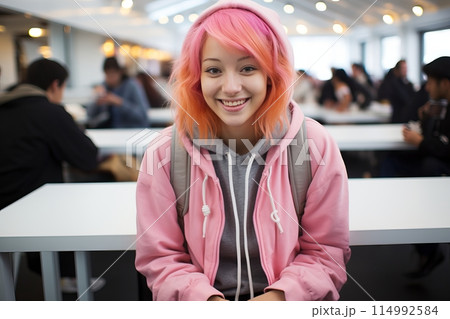 Happy schoolgirl with stylish pink hair, exuding joy and positivity at her school 114992584