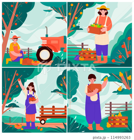 Hand drawn flat fruit harvest composition set 114993263