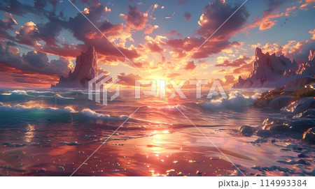 Coastal Seascape with Towering Rock Formations and Vibrant Sunset Sky 114993384