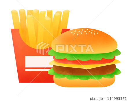 チーズバーガーとフライドポテトのセットのイラスト チーズバーガーとフライドポテトのセットのイラスト 114993571