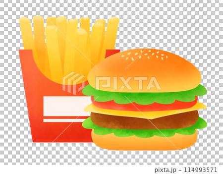 チーズバーガーとフライドポテトのセットのイラスト チーズバーガーとフライドポテトのセットのイラスト 114993571