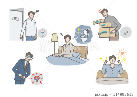 男性の尿トラブル(尿漏れ・残尿感・夜間頻尿・膀胱炎)イラストセット 男性の尿トラブル(尿漏れ・残尿感・夜間頻尿・膀胱炎)イラストセット 114993615