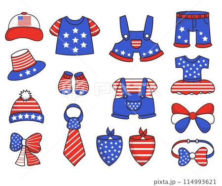 Independence Day USA. Collection festive patriotic clothes, accessories, party decorations, socks, hat, bow in American flag colors. Isolated vector illustrations for national holidays design Independence Day USA. Collection festive patriotic clothes, accessories, party decorations, socks, hat, bow in American flag colors. Isolated vector illustrations for national holidays design 114993621