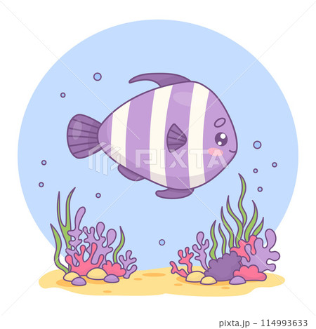 Cute striped tropical fish with algae, coral and sandy bottom. Underwater world with cartoon kawaii character. Vector illustration. Kids collection. Cute striped tropical fish with algae, coral and sandy bottom. Underwater world with cartoon kawaii character. Vector illustration. Kids collection. 114993633