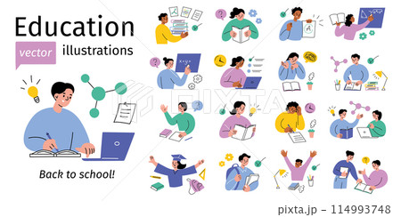 Education vector illustrations set, collection of school children scenes. Studying, exams, homework, academic life, classroom activities. Students reading, writing, doing science, math. Back to school Education vector illustrations set, collection of school children scenes. Studying, exams, homework, academic life, classroom activities. Students reading, writing, doing science, math. Back to school 114993748