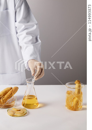 Design template of ginseng experiment theme, a beaker contains a soaked ginseng, some petri dishes of ginseng next to a beaker of yellow liquid stirred by a glass stick hold by a hand of researcher Design template of ginseng experiment theme, a beaker contains a soaked ginseng, some petri dishes of ginseng next to a beaker of yellow liquid stirred by a glass stick hold by a hand of researcher 114993873