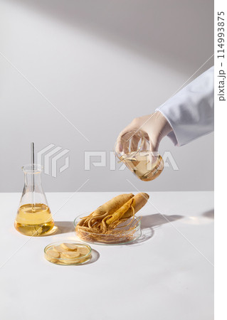 White background photo in vertical frame, a beaker of ginseng essence held by scientist hand, prepare pouring into a ginseng dish, next to a petri dish of ginseng slices and yellow fluid erlenmeyer 114993875