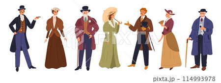 Gentlemen and ladies. Male and female fashion of 19th century in Europe. Aristocratic gowns and costumes. Victorian outfit. Women classic dress. Men tuxedo and hat. Garish vector set 114993978