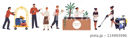 Professional hotel staff in uniforms. Hospitality service. Guesthouse employees. Hostel porter. Different positions. Chef and waiter with tray. Receptionist at counter. Garish vector set 114993996